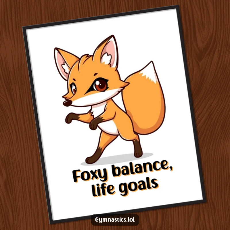 Funny free printable wall art: A determined fox with large eyes precariously balances on one leg, creating a comical scene.
