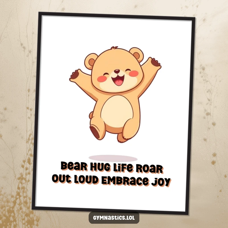 Funny free printable wall art of a joyful, round bear cub performing a graceful leap in the air, radiating happiness.