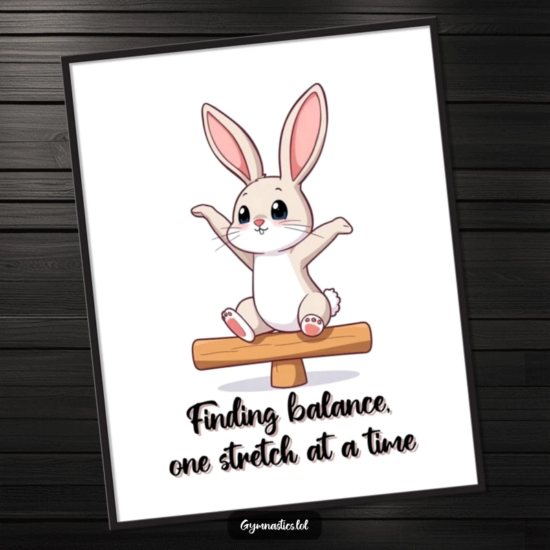 Funny Free Printable Wall Art: A curious bunny stretching on a balance beam, looking upwards, charming wall decor.