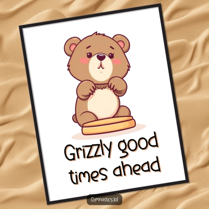 Funny Free Printable Wall Art: A curious bear cub stretching its paws onto a pommel horse, full of playful energy.