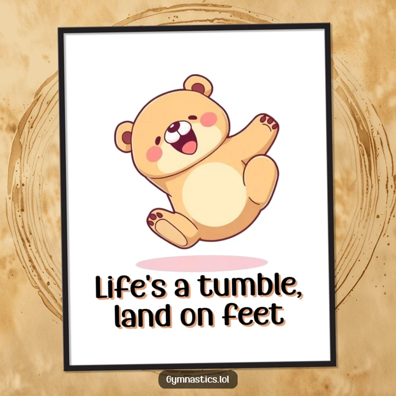 Funny Free Printable Wall Art: Joyful Bear mid-tumble, landing on its feet with a happy, surprised expression.