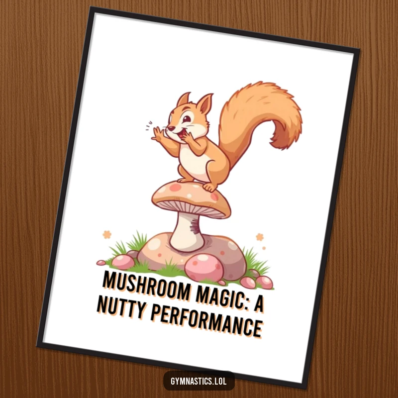 Funny free printable wall art: A squirrel energetically tumbling on a springy mushroom, bringing laughter to your decor.