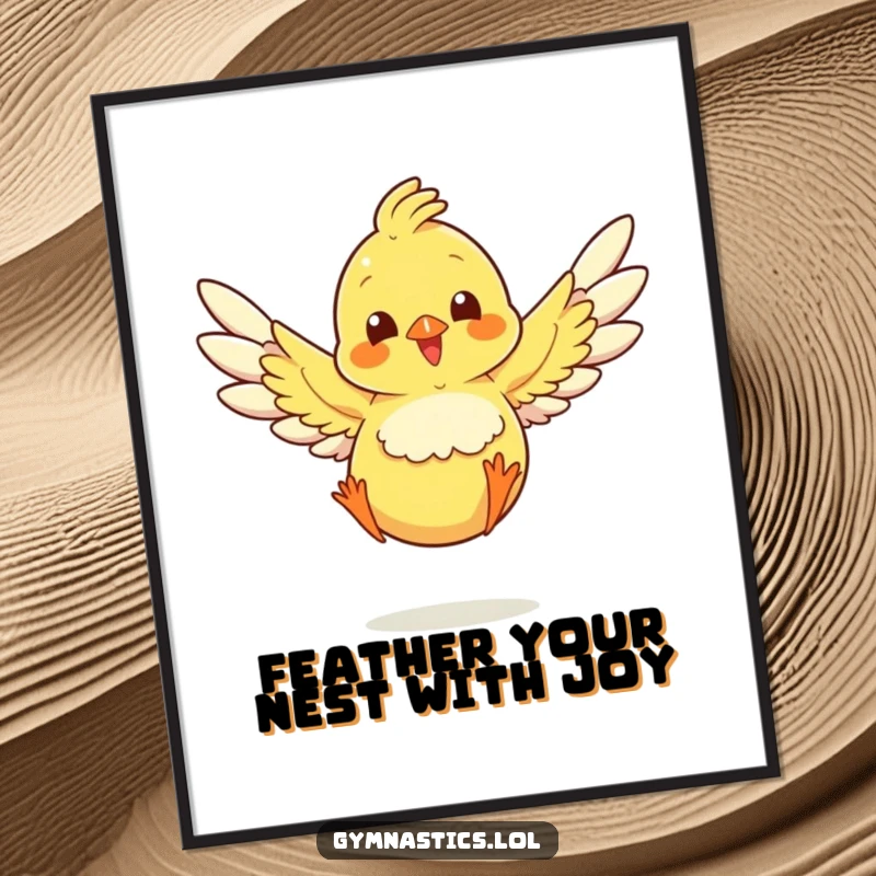 Funny free printable chick landing a jump with energetic wings spread, a delightful piece of downloadable wall art.