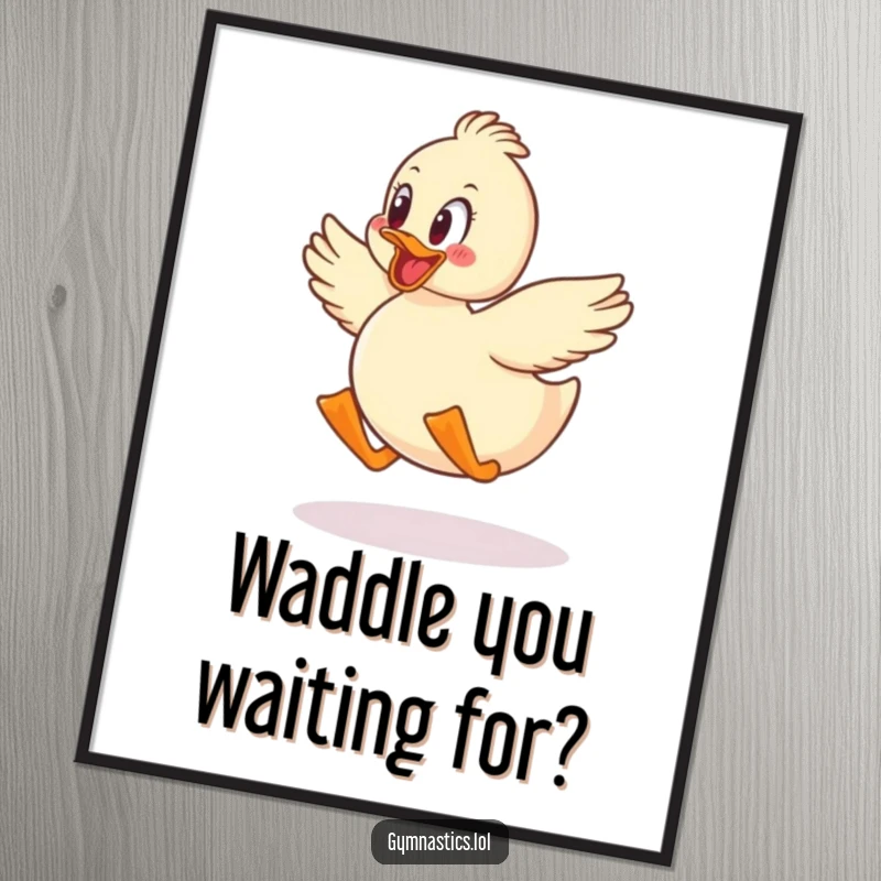 Funny free printable duck waddling with glee while jumping, a lively and humorous piece of downloadable wall art.