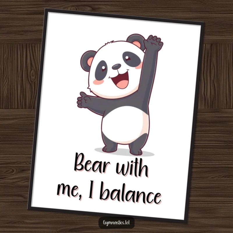 Funny free printable panda wobbling in a handstand with a happy face, a unique and humorous piece of downloadable wall art.