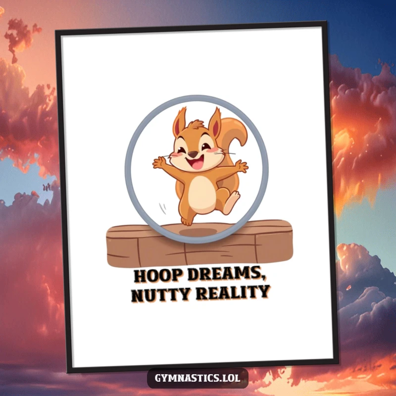 Funny Free Printable wall art shows a determined squirrel grinning ear-to-ear while springing through a hoop, bringing energetic humor.
