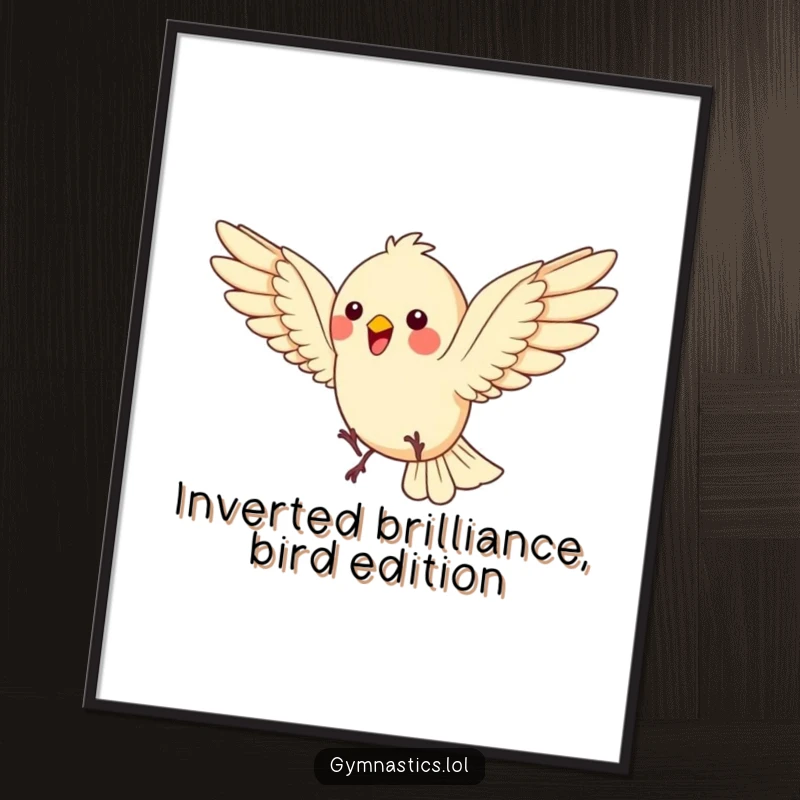 Funny Free Printable Wall Art: Bouncing bird captured mid-somersault with wings spread wide, full of energy.