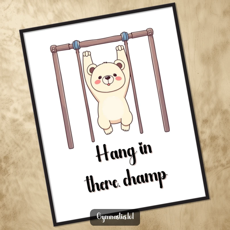 Funny Free Printable Wall Art: A proud bear energetically hanging upside down from uneven bars.