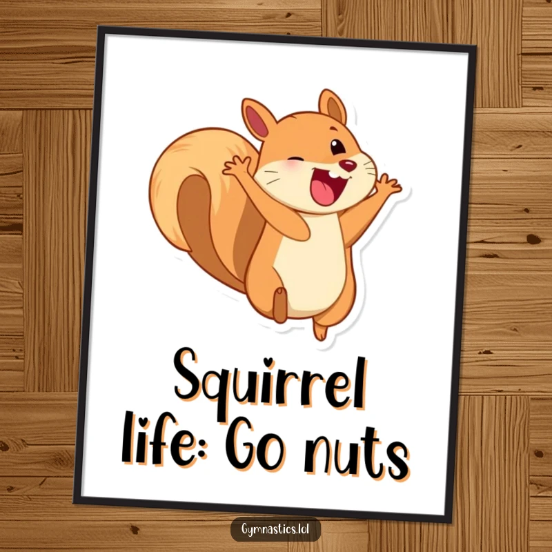 Funny free printable wall art: A playful squirrel with a massive grin is captured mid-somersault, radiating pure joy.
