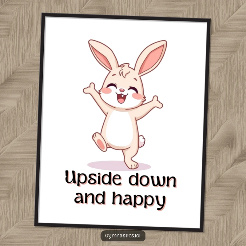 Funny Free Printable Wall Art: A happy bunny captured mid-handstand, wobbling but enthusiastic, bringing joy and humor, downloadable art.
