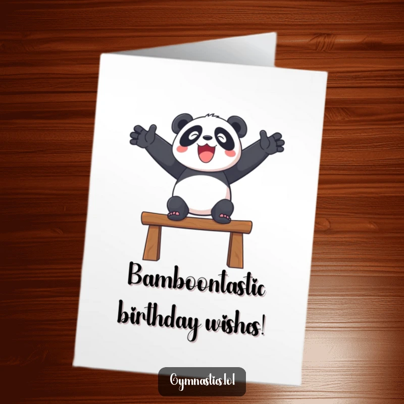 Funny Free Printable Birthday Card: A delighted panda balancing on a beam with arms outstretched for a birthday.