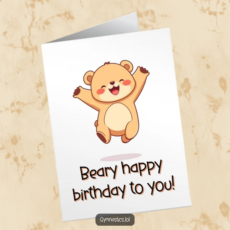 Funny free printable birthday card of a joyful, round bear cub performing a graceful leap in the air with pure delight.