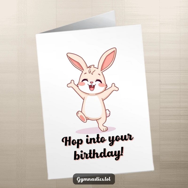 Funny Free Printable Birthday Card: A happy bunny performing a wobbly yet enthusiastic handstand, full of effort and joy, downloadable art.