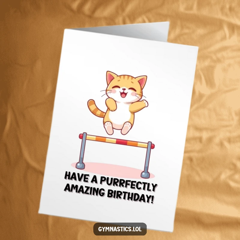 Funny Free Printable Birthday Card: Confident cat leaping over a miniature hurdle with impressive agility.