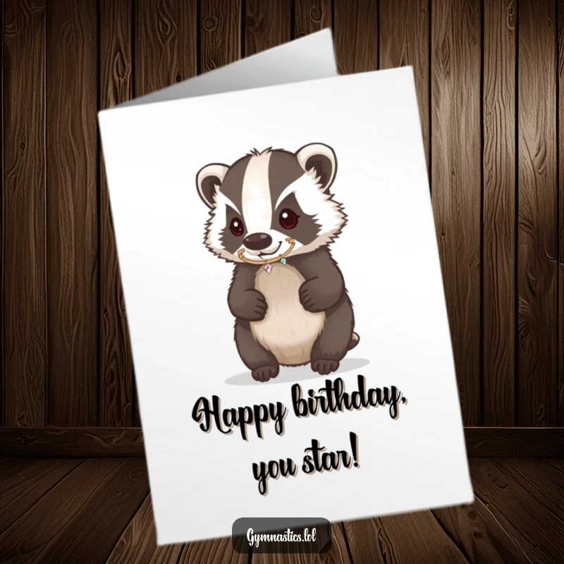 Funny Free Printable birthday card featuring a determined badger impressively balancing a tiny sparkling hoop on its nose.
