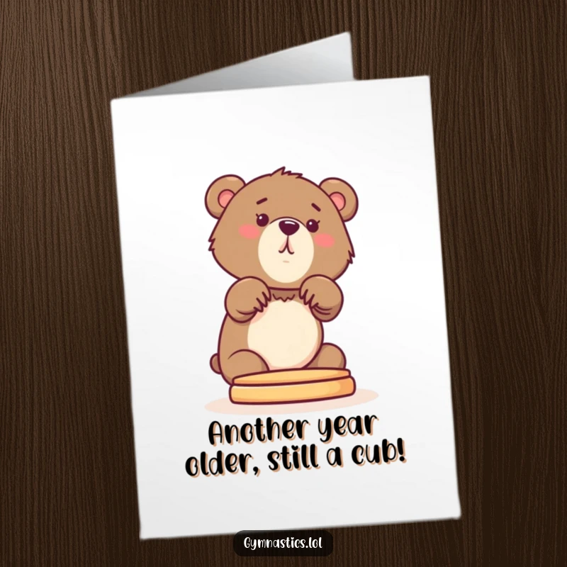 Funny Free Printable Birthday Card: A playful bear cub stretching on a pommel horse, ready to celebrate.