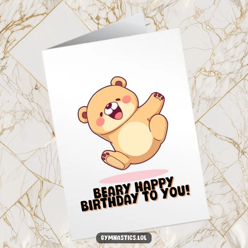 Funny Free Printable Birthday Card: Joyful Bear tumbling mid-air with a goofy grin, ready for a landing.