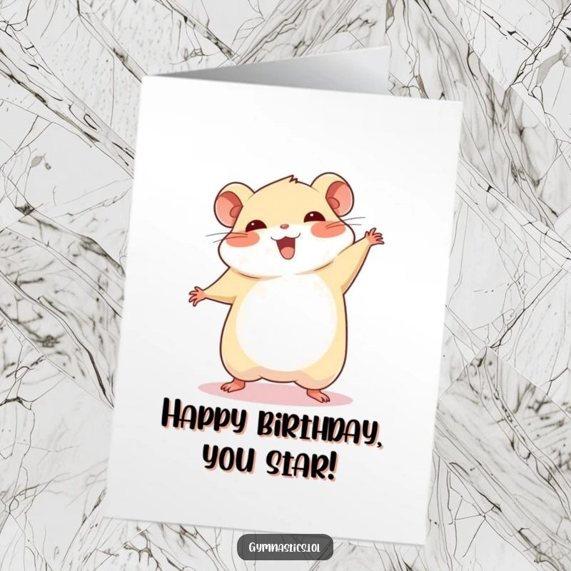 Funny Free Printable Birthday Card: A chubby hamster proudly doing a cartwheel with a big smile.