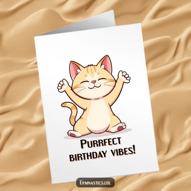 Funny free printable cat doing a whimsical yoga stretch, perfect for a flexible and humorous birthday greeting card.