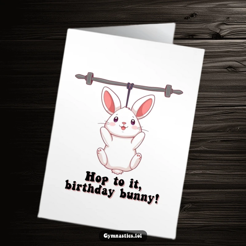 Funny Free Printable Birthday Card: A curious rabbit hanging upside down with a smile from uneven bars.