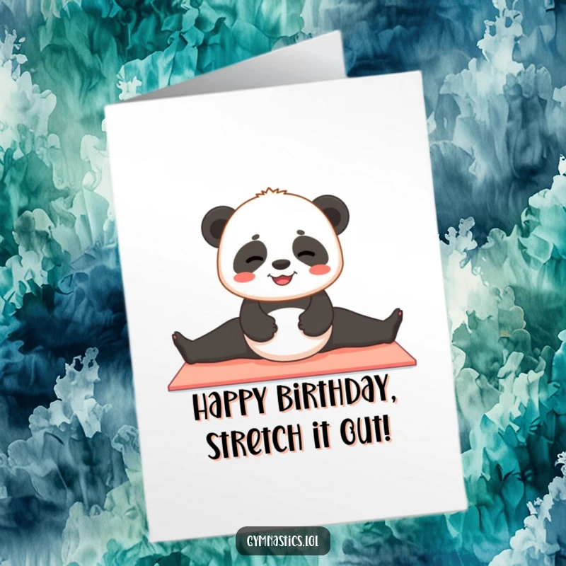 Funny Free Printable Birthday Card: Contented panda cub awkwardly attempting a split on a yoga mat, looking pleased. A humorous DIY card.