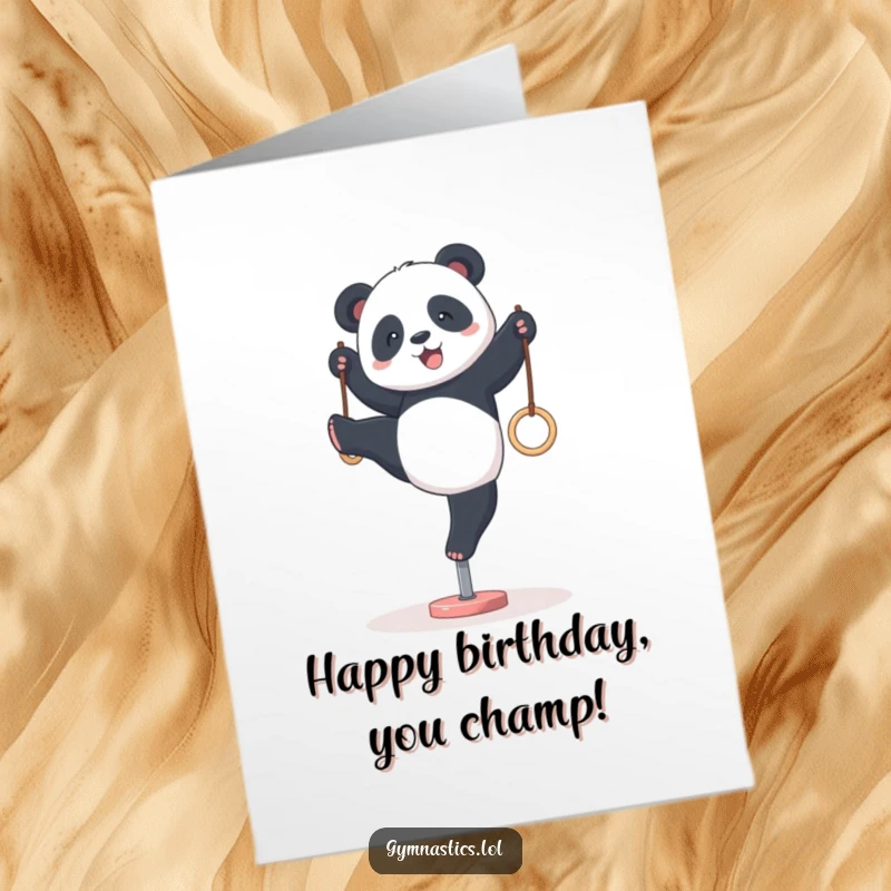 Funny Free Printable Birthday Card: A panda attempting a wobbly handstand on tiny gymnastics rings.