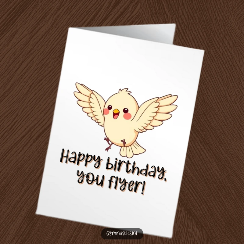 Funny Free Printable Birthday Card: Bouncing bird performing a somersault with wings spread wide in mid-air.
