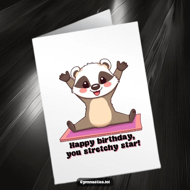 Funny Free Printable Birthday Card: Cheerful badger performing a perfect split on a colorful gymnastics mat.