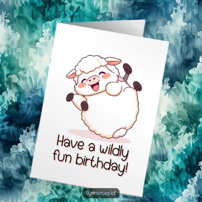 Funny Free Printable Birthday Card of a giggling sheep rolling end over end in a joyful tumble.