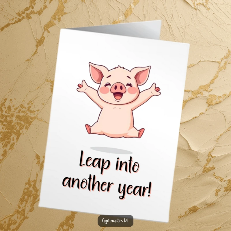 Funny Free Printable Birthday Card: A joyful piglet performing a wide leg split leap, arms outstretched in celebration, downloadable art.