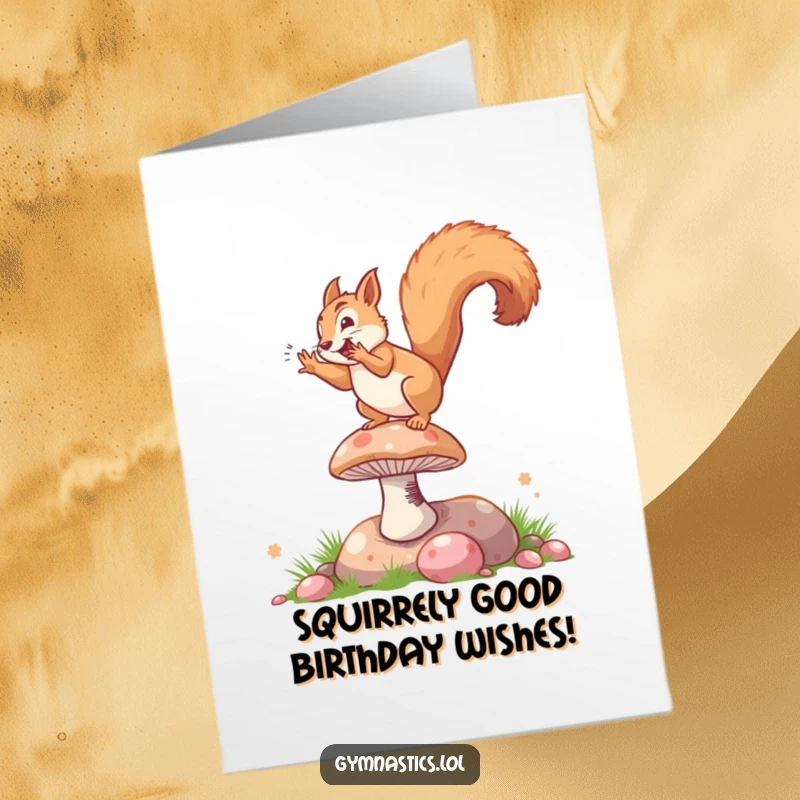 Funny free printable birthday card: Energetic squirrel doing a cartwheel on a mushroom, ready to deliver birthday wishes.