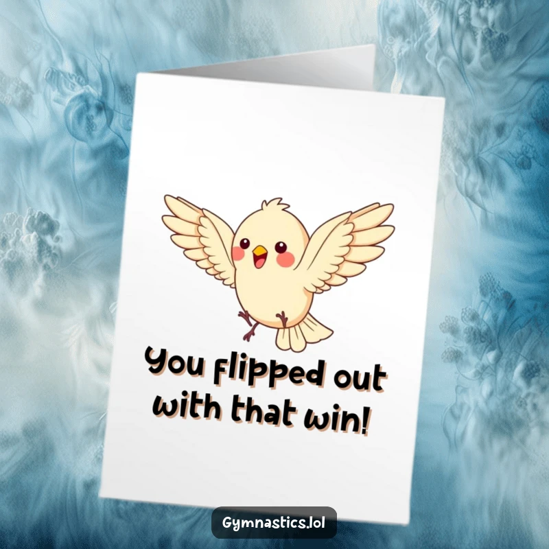 Funny Free Printable Congratulations Card: Bouncing bird doing a somersault with wings spread wide, celebrating.