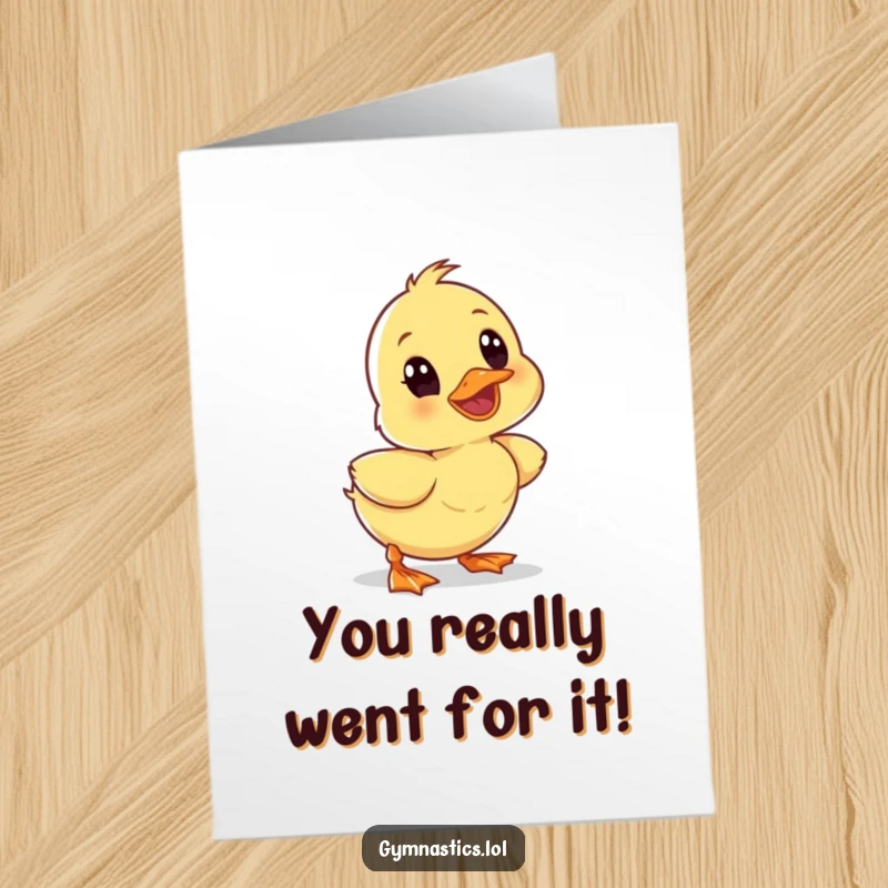 Funny Free Printable Congratulations Card: A wobbly duckling tumbles forward with surprise, symbolizing unexpected achievements. Downloadable.