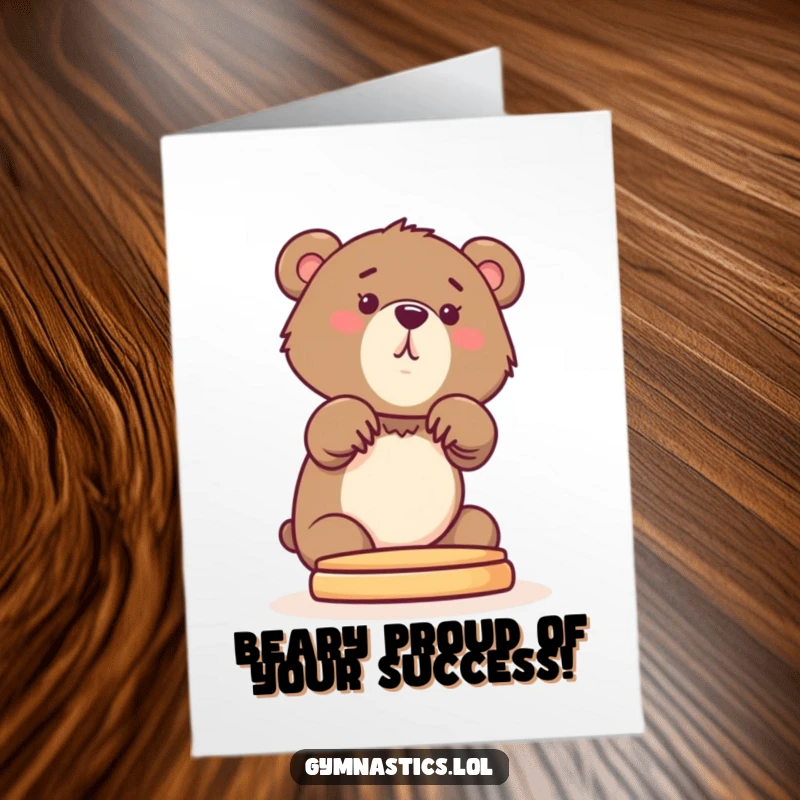 Funny Free Printable Congrats Card: A curious bear cub reaching for the pommel horse, celebrating achievement.