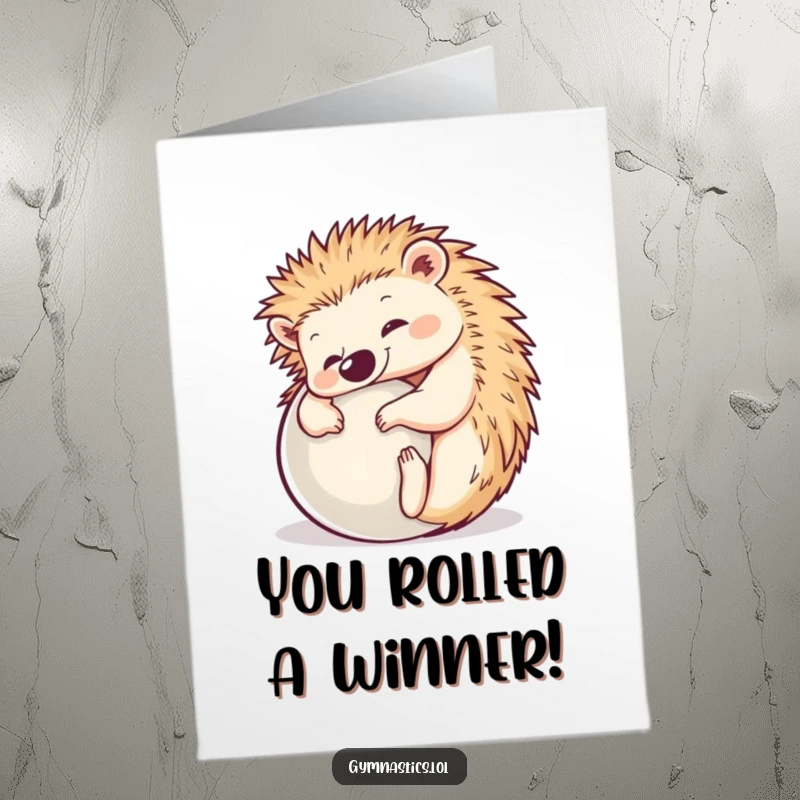 Funny Free Printable Congratulations Card: A happy hedgehog perfectly rolled into a ball, celebrating your success.