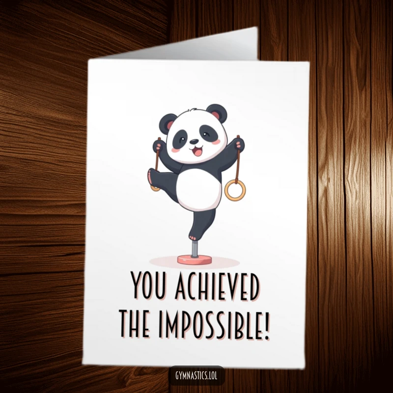 Funny Free Printable Congrats Card: A panda wobbling precariously while doing a handstand on gymnastics rings, celebrating a win.