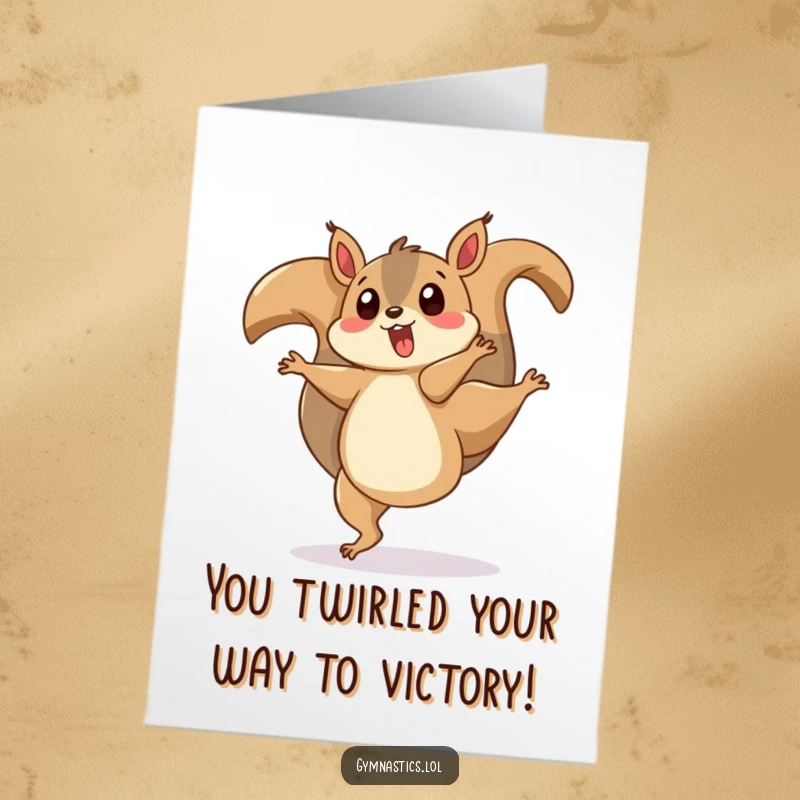 Funny Free Printable Congratulations Card: a playful, surprised squirrel doing a cartwheel with its tail spinning.