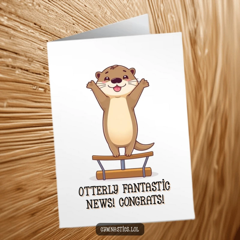 Funny Free Printable Congratulations Card: A smiling otter balances perfectly in a handstand on a beam, celebrating your win.