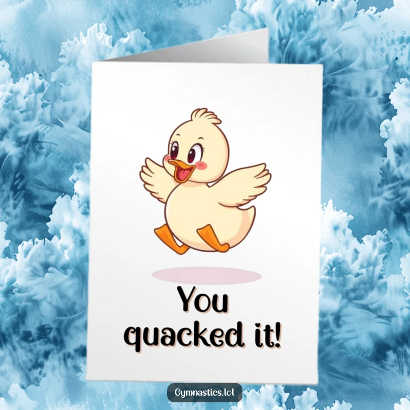 Funny free printable duck jumping with glee, a downloadable greeting card for celebrating big accomplishments and happy leaps.