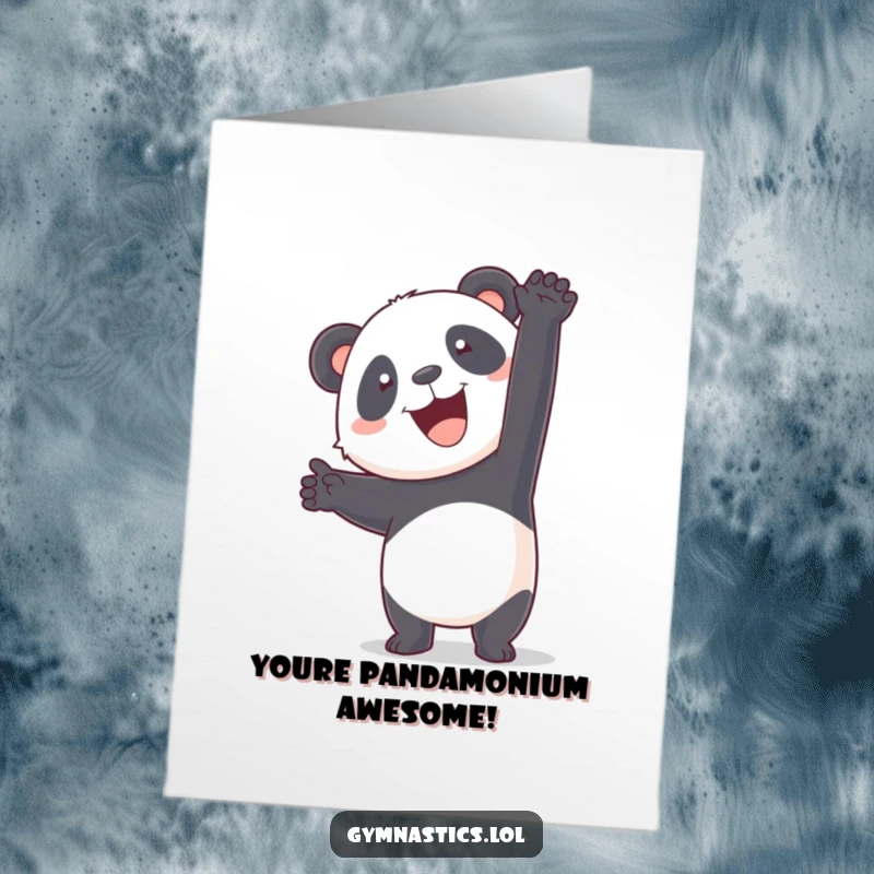 Funny free printable panda in a wobbly handstand, a downloadable greeting card for celebrating efforts and unique successes.