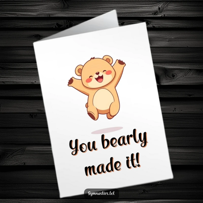 Funny free printable congratulations card of a joyful bear cub performing a graceful leap, celebrating a momentous achievement.