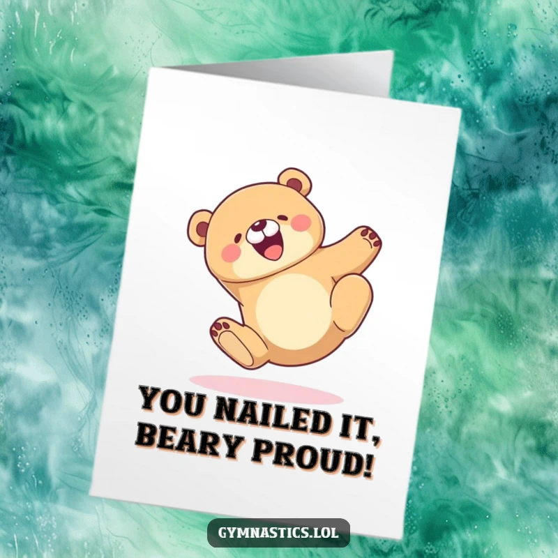 Funny Free Printable Congratulations Card: Joyful Bear landing perfectly after a tumble, celebrating an achievement with a smile.