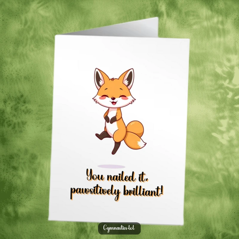 Funny Free Printable Congratulations Card featuring a smiling fox skillfully balancing on one foot, celebrating your success.