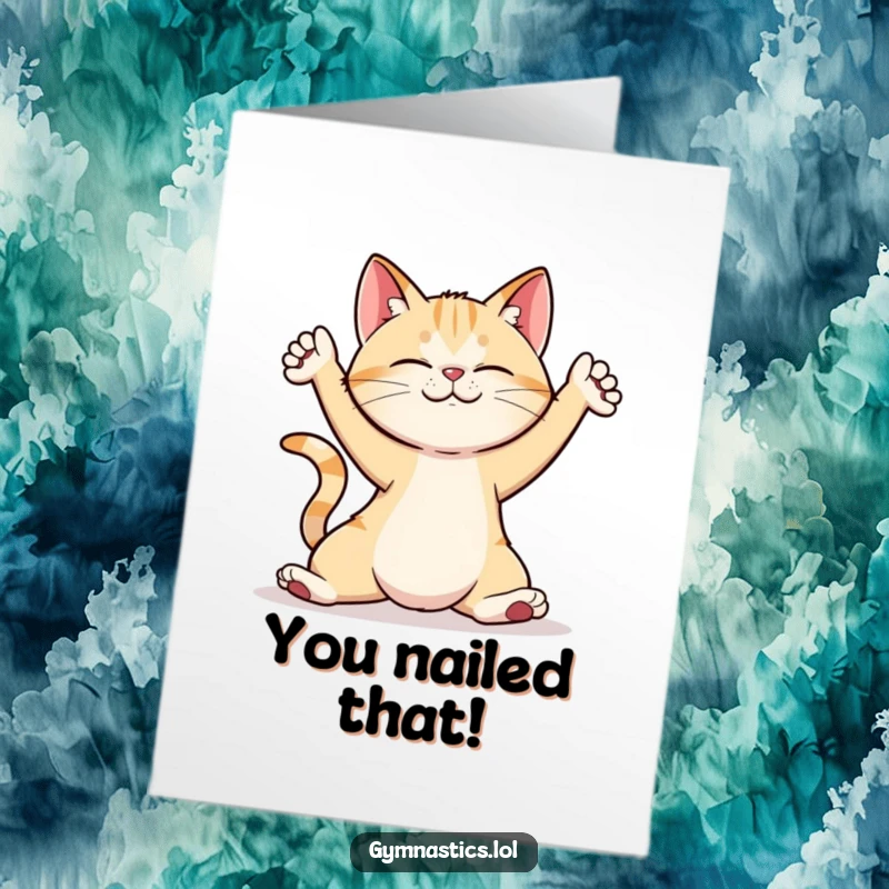 Funny free printable cat in a serene yoga pose, a downloadable greeting card for celebrating achievements with feline grace.