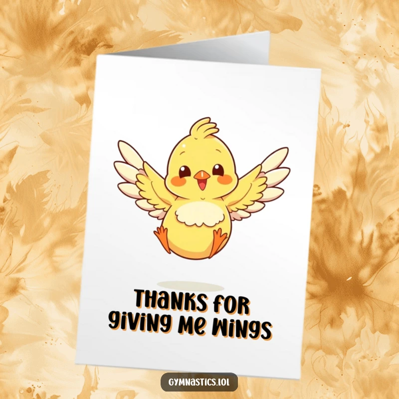 Funny free printable chick card, mid-jump with joy, expressing heartfelt thanks with downloadable cuteness and humor.