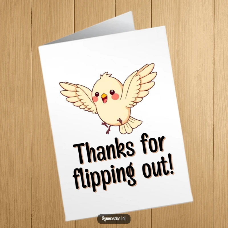 Funny Free Printable Thank You Card: Bouncing bird executing a somersault with wings spread wide, thanking you.