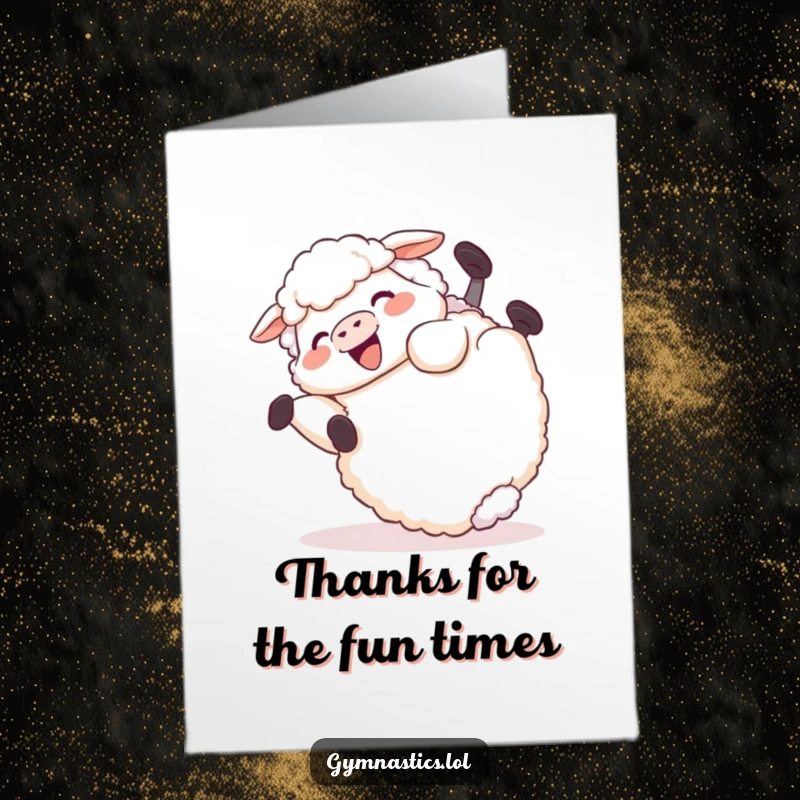 Funny Free Printable Thank You Card depicting a giggling sheep rolling happily end over end in a field.