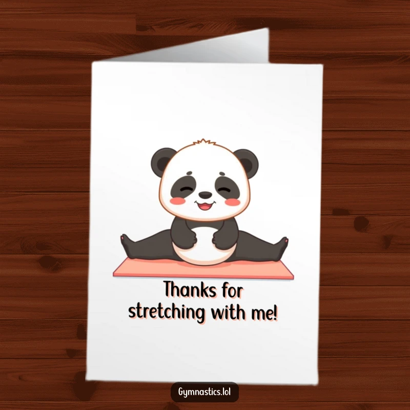 Funny Free Printable Thank You Card: A content panda cub attempting a split on a yoga mat with a sweet, determined look. A humorous DIY gift.