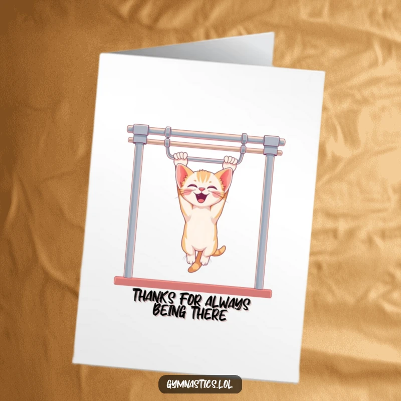 Funny Free Printable Thank You Card: A happy kitten upside down on uneven bars, expressing thanks with glee.