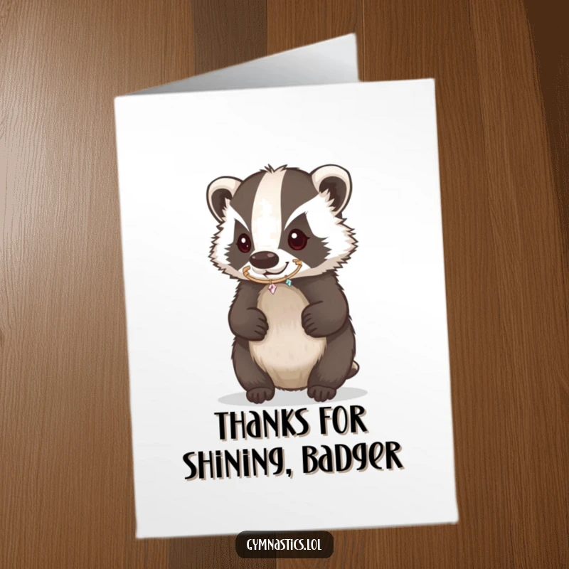Funny Free Printable thank you card depicting a determined badger balancing a small sparkling hoop on its nose with great focus.